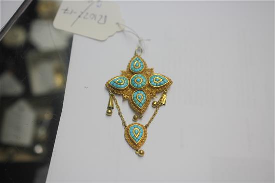 An early 20th century Indian? gold and turquoise drop quatrefoil pendant brooch, 3.25in.